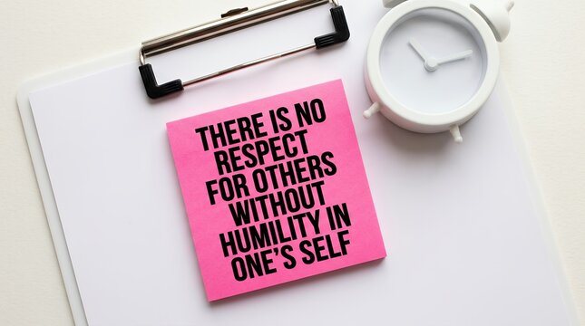 A pink sticky note attached to a white clipboard displays the black text there is no respect for others without humility in one self next to a white analog alarm clock on a flat surface