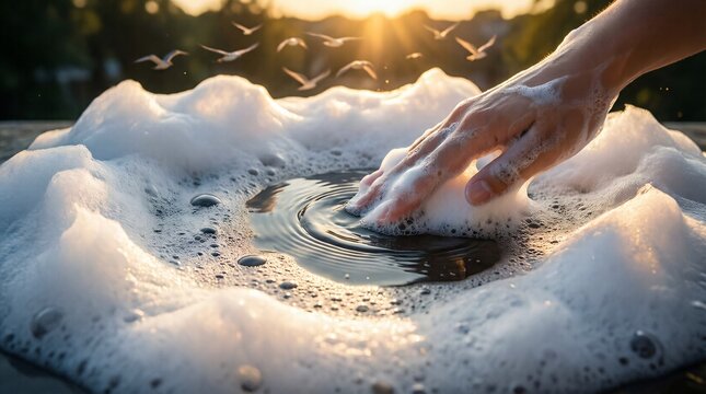 Hand touching soapy water outdoors at sunset with birds