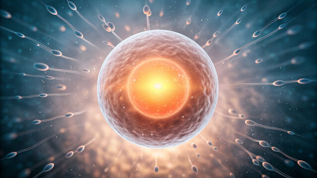 Embryo and Sperm concept ,Fertilization concept with glowing ovum and sperm cells in fluid environment glowing spark of life