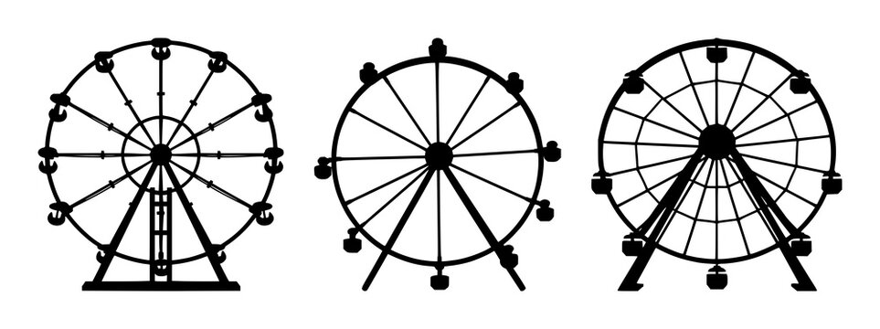 Amusement Park Wheel set with solid black icon on white background featuring amusement park, roller coaster, carnival with iconography and vector design