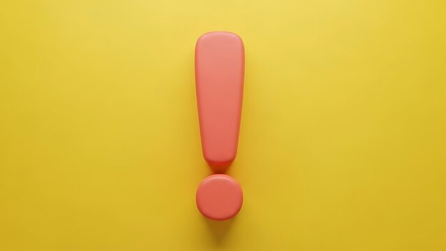 Pink 3D exclamation point on a yellow background, high angle, solid color, minimalist