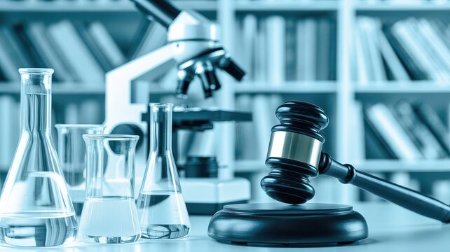 Forensic science and law concept with microscope, beakers, and judge gavel in a library