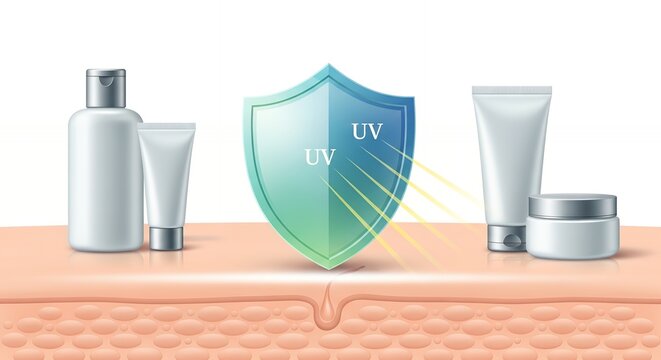 Shield protecting from ultraviolet rays with sunblock lotion and cosmetic bottles on wooden surface