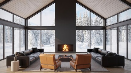 Obraz premium Modern luxury living room interior with winter forest view