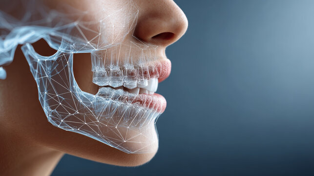 Dental Health Innovation Concept , Digital twin human mouth teeth jaw simulation training concept with smiling lips