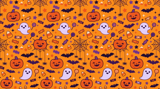 Halloween pattern with pumpkins, ghosts, bats and candy on orange background