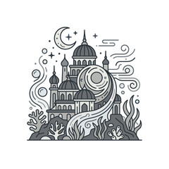 Naklejka premium Fantasy castle line art under crescent moon and stars.