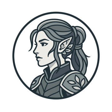 Circular emblem of a female warrior in ornate armor.