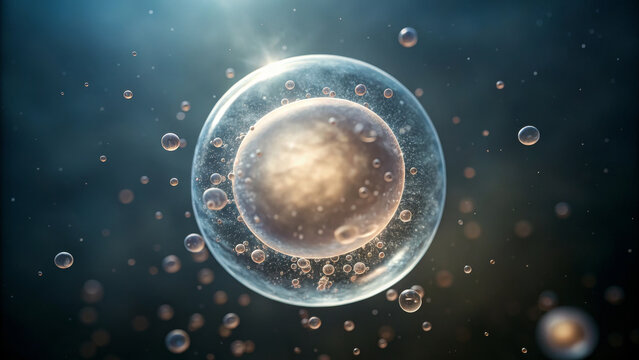 Human and Embryo Concept ,Floating embryo surrounded by micro particles in glowing environment with soft light and depth