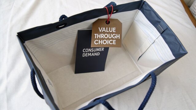 Empty shopping bag with tags showcasing consumer demand, highlighting value through choice in retail marketing and shopping experience concepts