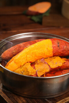 Fresh Roasted Sweet Potatoes in Metal Pot