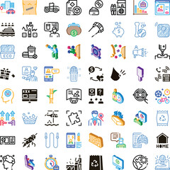 Fototapeta premium Collection of different small flat and isometric icons illustrating various concepts from daily life, modern technology, business, ecology, and social issues on a white background