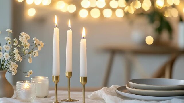 Candles light up a dinner table with flowers and plates. The setup shows a cozy scene perfect for sharing a meal with friends or family. The warm light adds charm to the evening