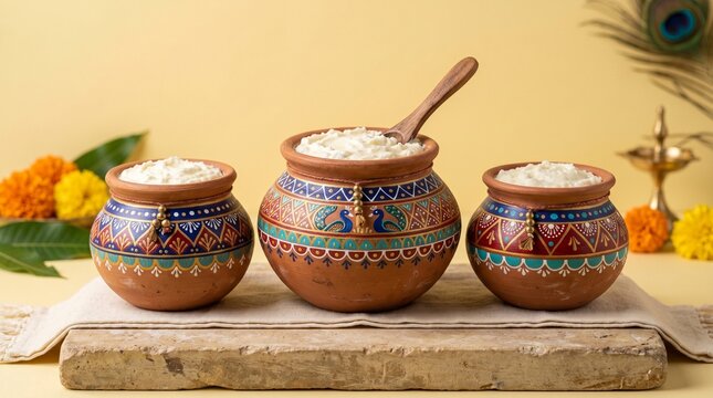 Janmashtami Celebration Concept with Hand-Painted Terracotta Pots Filled with White Butter Arranged on a Minimalist Pastel Yellow Studio Background
