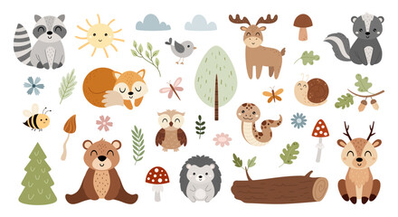 Fototapeta premium Woodland animals clipart set. Cute forest characters and plants images in cartoon style. Kids hand drawn vector illustration.