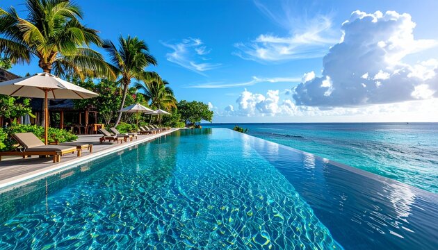 A tropical resort featuring infinity pools, palm trees, ocean views, and luxurious summer vacation scenery