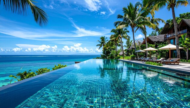 A tropical resort featuring infinity pools, palm trees, ocean views, and luxurious summer vacation scenery