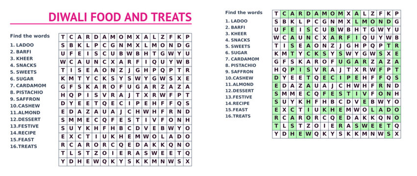 A word search puzzle sheet on the topic "Food and treats on Diwali" with answers and a colorful design for children and adults