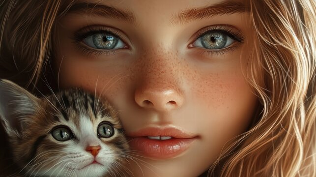 girl with cat portrait freckles blue eyes kitten