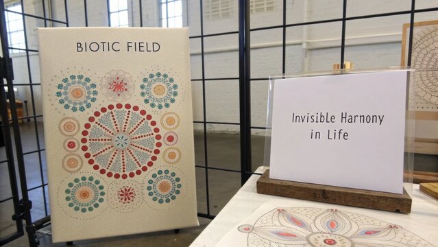 Decorative Artwork Display Featuring Biotic Field Design and Signage on Invisible Harmony in Life at Creative Exhibition Event