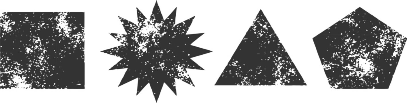 Distressed grunge geometric shapes collection including triangle square and starburst with rough texture vector illustration.