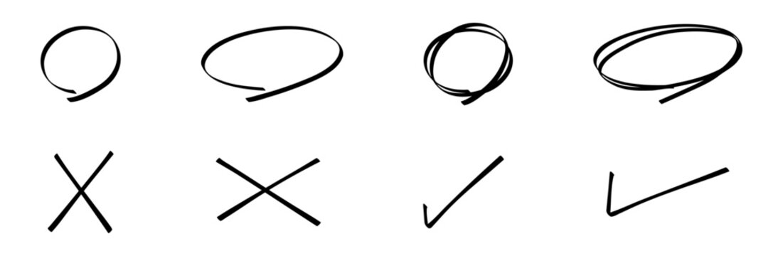 サインペンで描いたような手書きの丸とバツとチェックマークのイラストセット