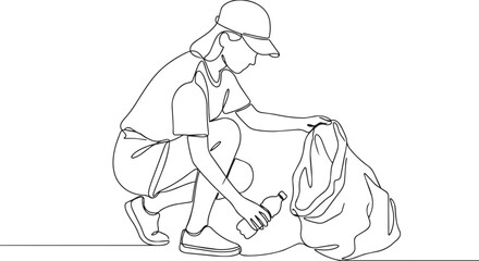 Obraz premium Eco friendly woman, recycling, throwing away plastic bottle, one line art