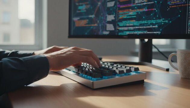 Professional programmer writing algorithm code on a mechanical keyboard for a complex math IRL concept, displaying advanced mathematical equations on a computer monitor
