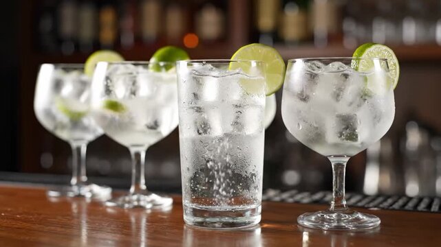 Four drinks on bar, gin and tonic or cocktails with lime slices, ice