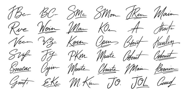 Handwritten signature set of fictitious names with elegant cursive calligraphy and black lettering vector illustration.