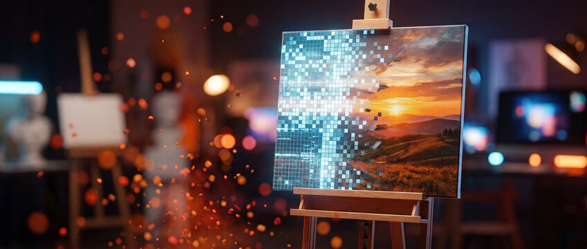 Digital painting on canvas in an art studio blending AI image generating with human painting