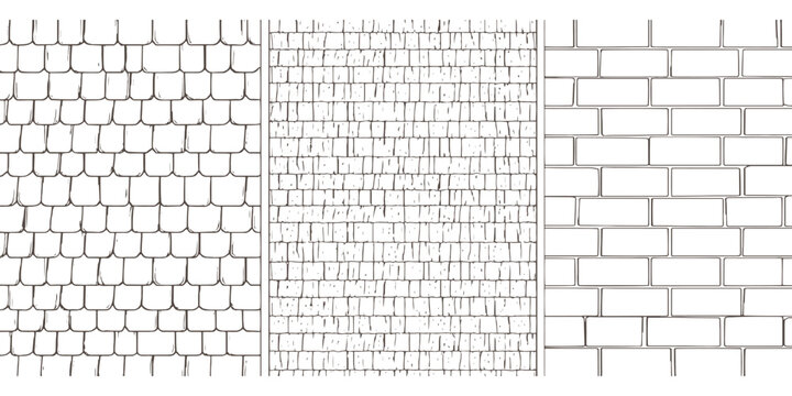 Hand drawn architectural texture set featuring roof tiles cobblestone and brick wall patterns isolated background vector illustration.