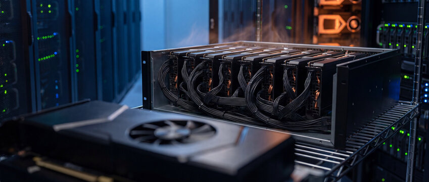 GPU mining rig installed in a data center rack, showing multiple graphics cards, power cables, cooling fans and rising heat; concept of cryptocurrency mining, compute power and server hardware.