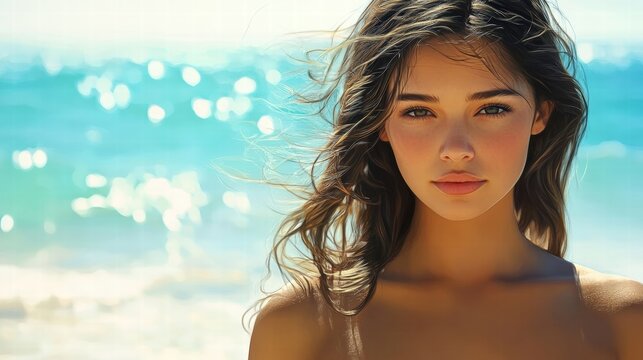 beautiful woman beach summer sun tan skin hair ocean