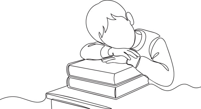 Sad child, sleeping on books, tired student, education concept, line art