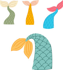 Obraz premium Four colorful stylized mermaid tails with playful scales and fins, whimsical underwater fantasy icons for kids stories, designs, clip art and marine themed projects