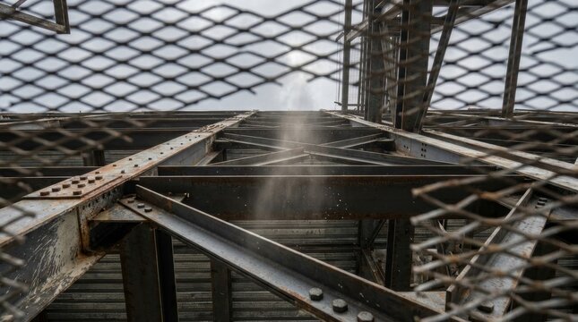 Industrial steel beam framework seen through metal grating with steam rising in the background under a cloudy sky.