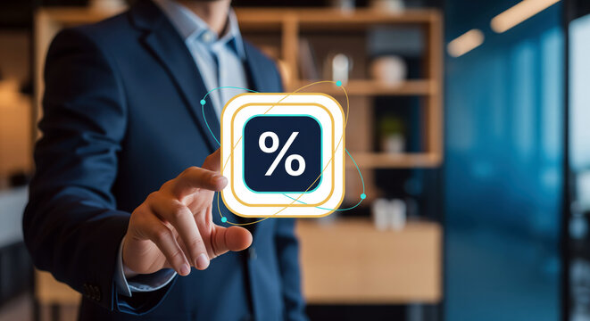 Financial mortgage loan rate adjustment or passive income dividend calculation system managed by investment broker activating interface panel tracking seasonal market discount percentage bonus