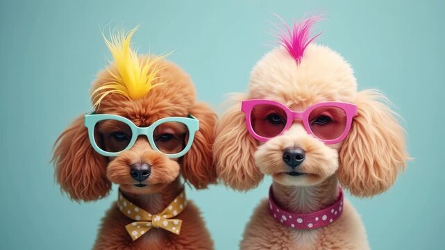 Two playful poodles with colorful mohawks and stylish sunglasses pose together against a vibrant blue background, showcasing their unique personalities and fashionable accessories