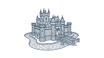 Detailed illustration of a grand medieval castle surrounded by water. © yuno