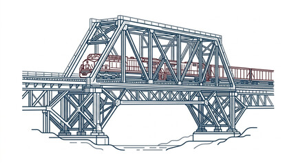 Detailed illustration of a large steel truss railway bridge with trains. © yuno