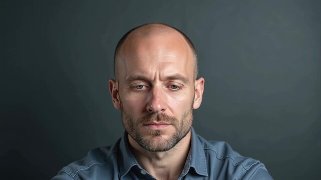 Caucasian male with short hair and beard gazes downward, displaying a thoughtful expression in a studio setting with a dark background and soft lighting