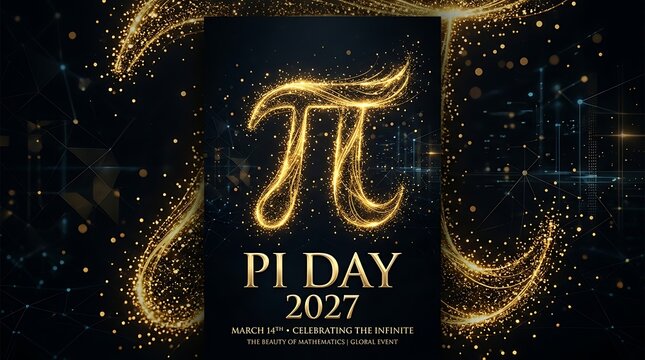 Luxurious golden particles swirling around a prominent pi symbol for pi day 2027 celebration highlighting mathematical beauty infinite concepts and festive atmosphere with glowing