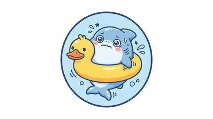 Fototapeta premium Cartoon Cute Shark Riding Duck Float In The Water Circle Icon