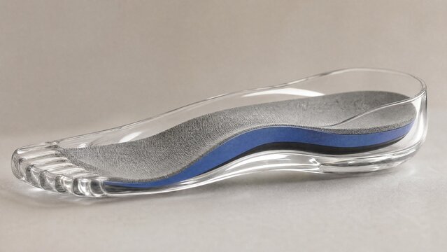 corrective. Orthopedic shoe insert inside a clear mold, showing arch support. product launch decks, UI/UX mockups, designed for data visualization dashboards and holographic UIs.