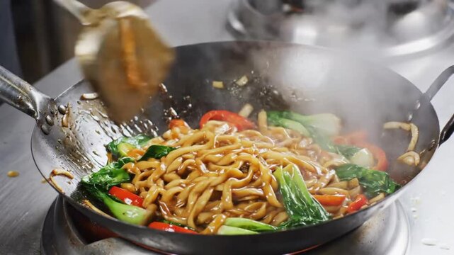Chef stirring freshly cooked noodles, bok choy, and red bell peppers in a wok on a stove