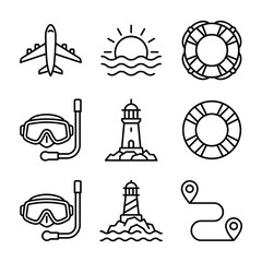 Set of travel and summer vacation line icons with vacation airplane lighthouse snorkeling lifesaver navigation location adventure transport © rumonpix