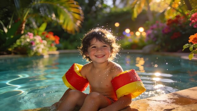Child with swimming floaties sitting poolside in a garden, representing water safety education, drowning prevention for kids, and responsible parenting during summer outdoor pool activities.