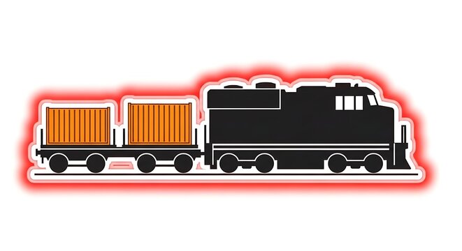 Black and orange freight train engine pulling cargo containers on tracks illustration