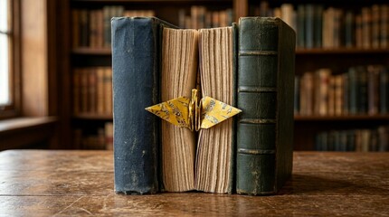 Vintage books on wooden table with origami crane bookmark in library setting